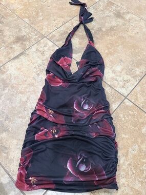 Fashion Nova Black Mini Dress with Deep Pink Floral Print